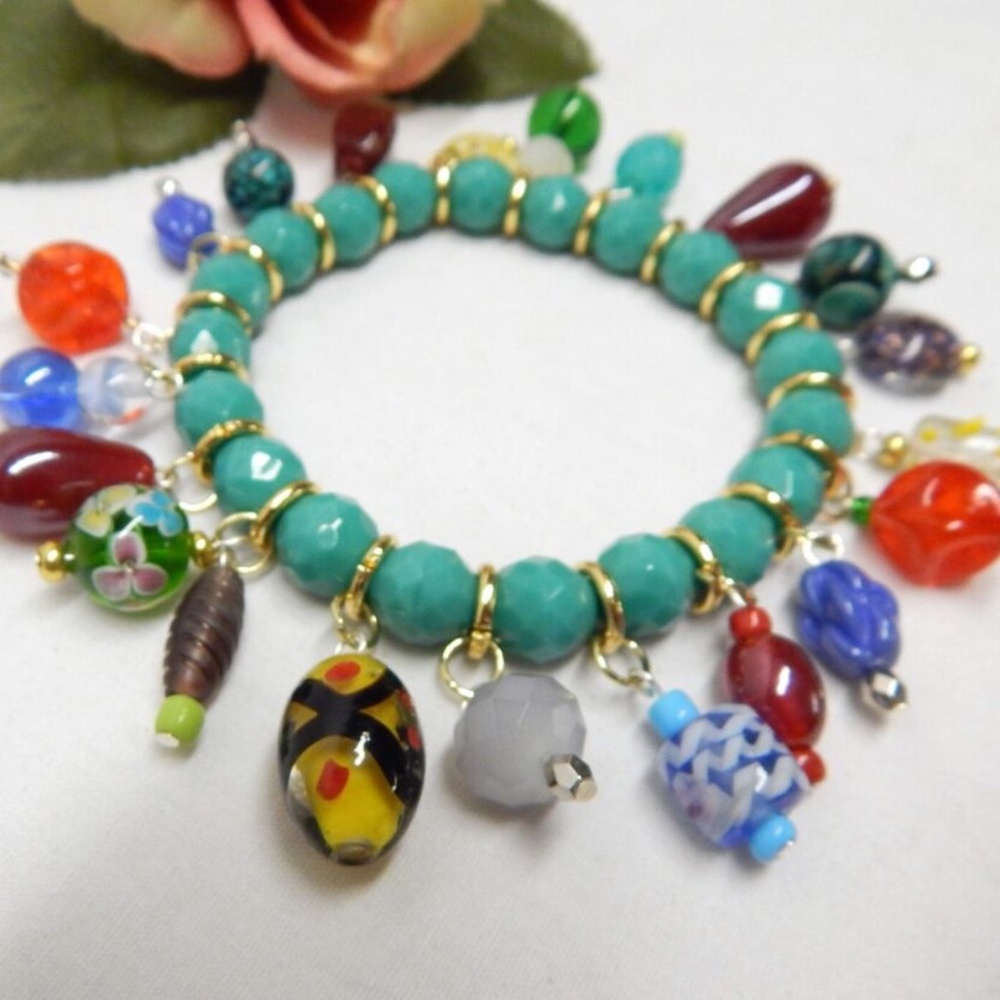 Green Crystal Beaded -Art Glass-Lampwork Loaded Stretch Bracelet